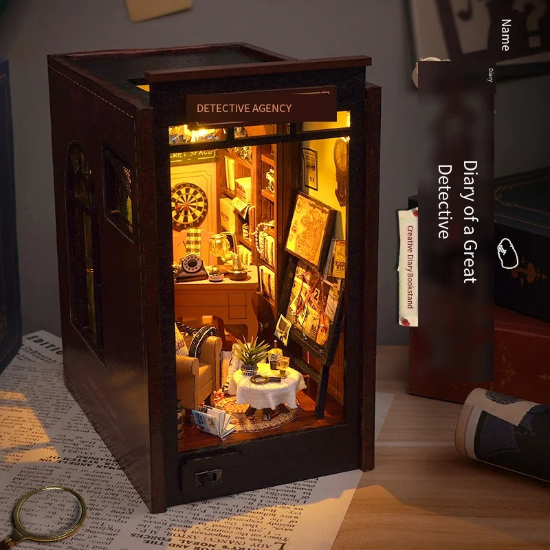 3D Wooden DIY Detective Agency Book Nook, LED Lighted Miniature Diorama Kit, Handmade Creative Birthday Gift for Mystery Fans