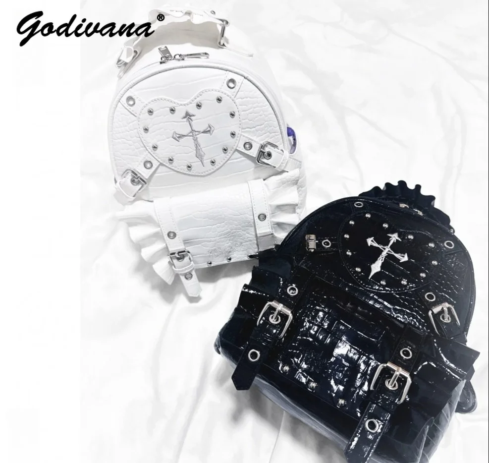 Cool Punk Style Subculture Heart Cross Embroidery Rivet Black Leather Backpack Student Schoolbag Female Shoulder Bags