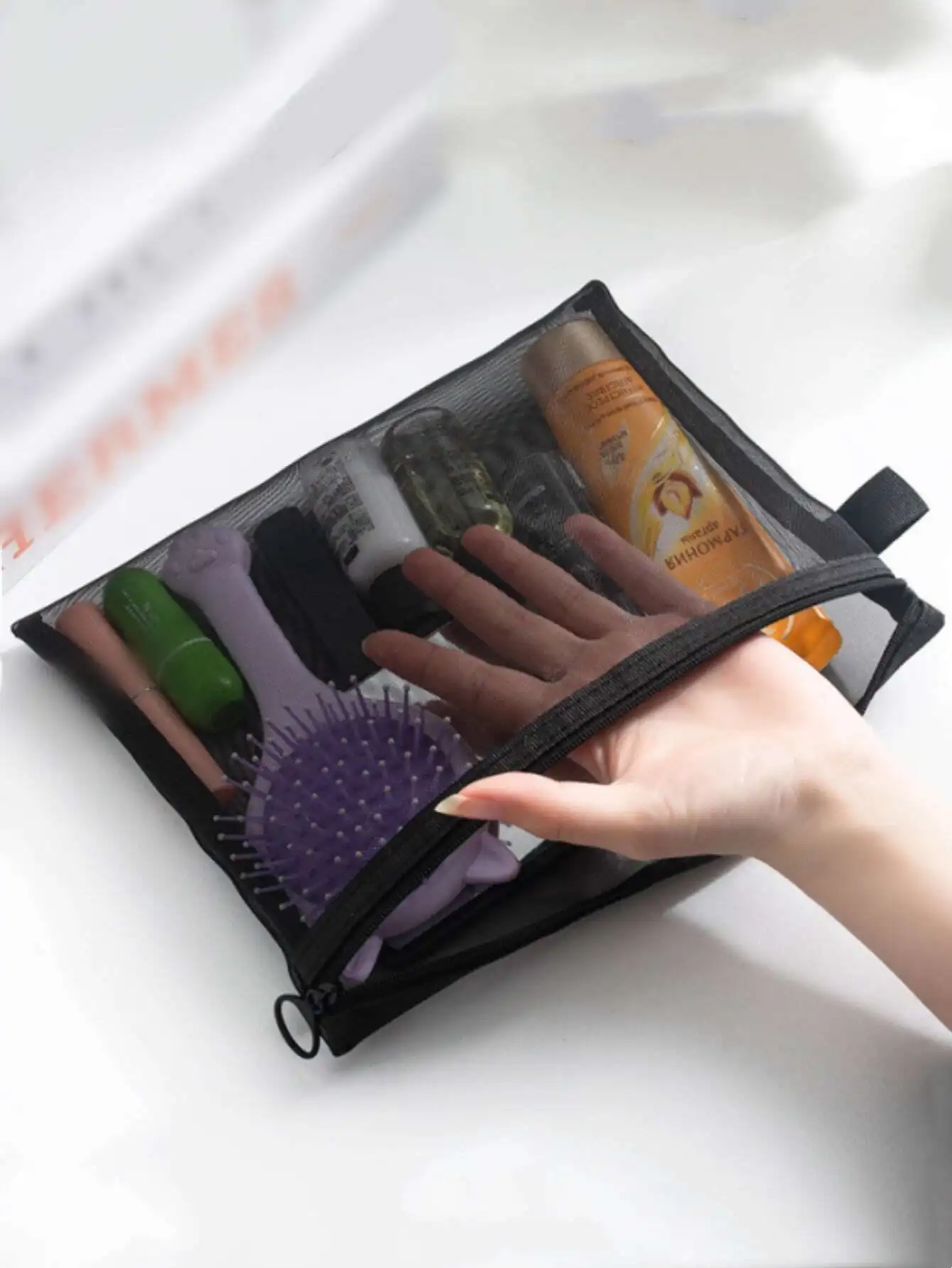 

1pc Transparent Mesh Cosmetic Bag, Portable And Simple Toiletry Bag For Travel