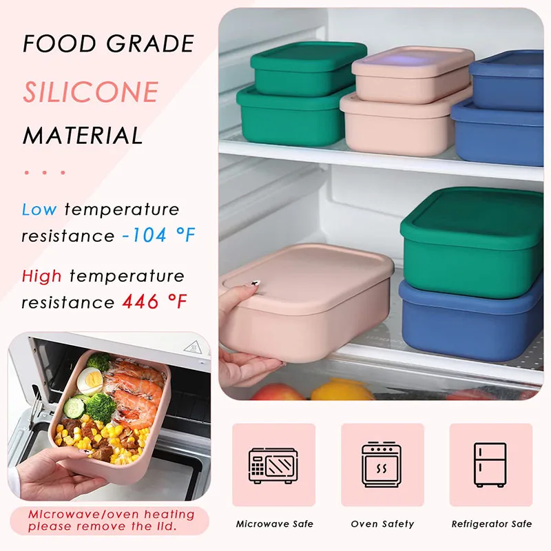 Silicone Food Storage Containers Reusable Silicone Bento Lunch Box Containers with Lids Microwave Dishwasher Safe BPA-Free Boxs