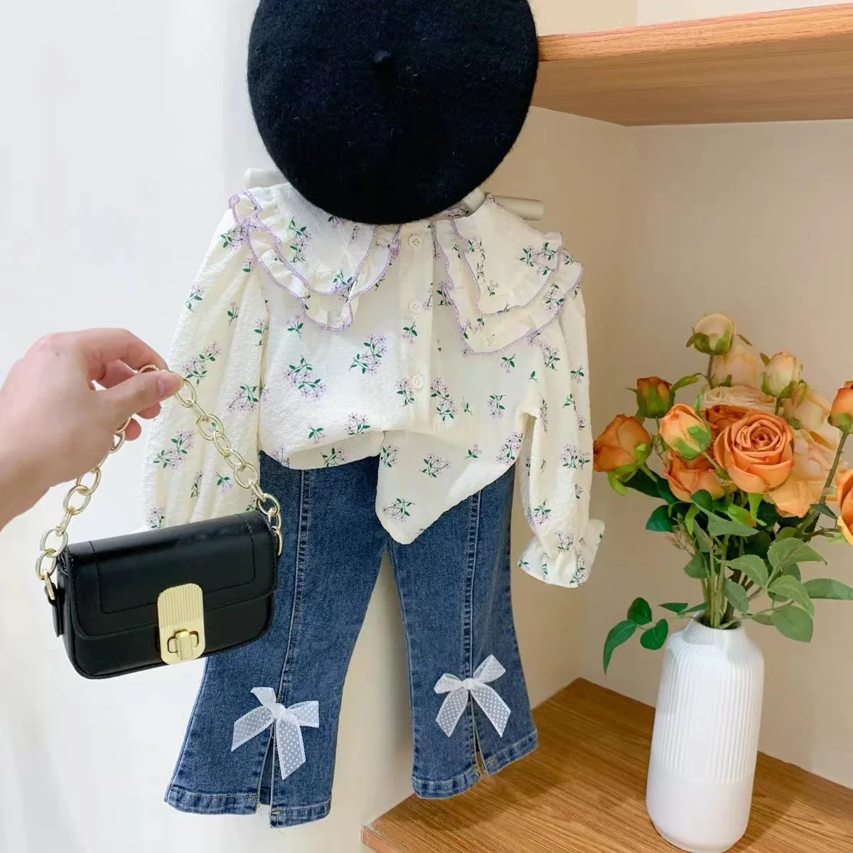 2022 Spring Autumn New Girls\' Clothing Sets Lapel Long Sleeve Cute Floral Shirt + Fashionable Split Jeans With Bow Two-Piece Set