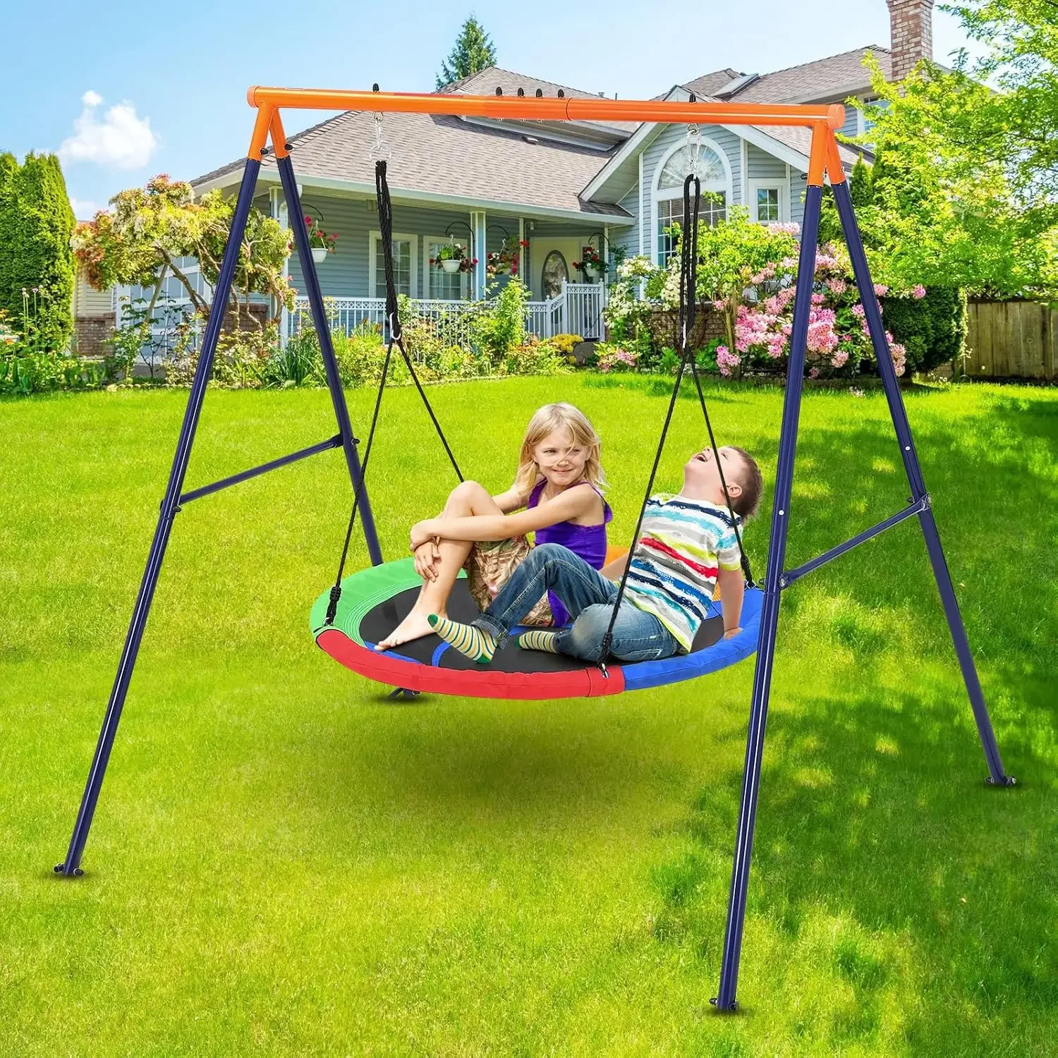 440lbs Saucer Swing Set with Heavy-Duty Metal A-Frame and Adjustable Ropes