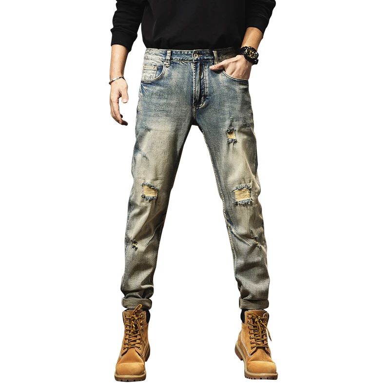 2024 New distressed vintage jeans for men with distressed patches washed youth straight leg personalized beggar pants