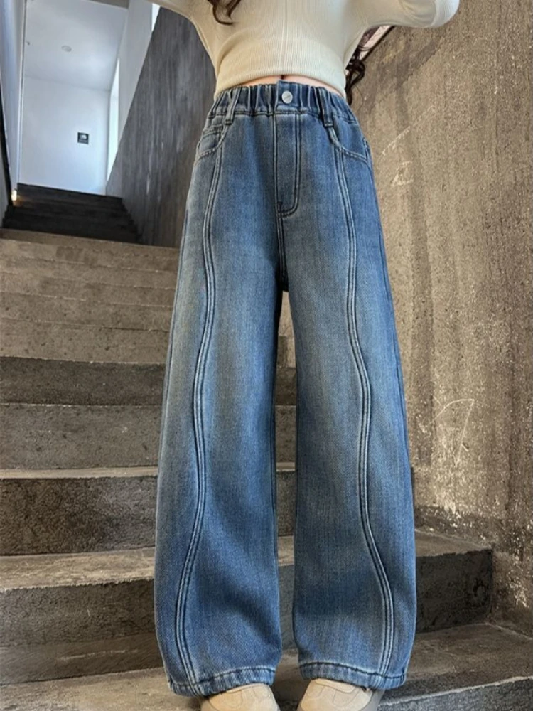 Girls Fleece Lined Jeans 2026 Autumn Winter Thickened Wide Leg Straight Denim Pants Kids Trousers