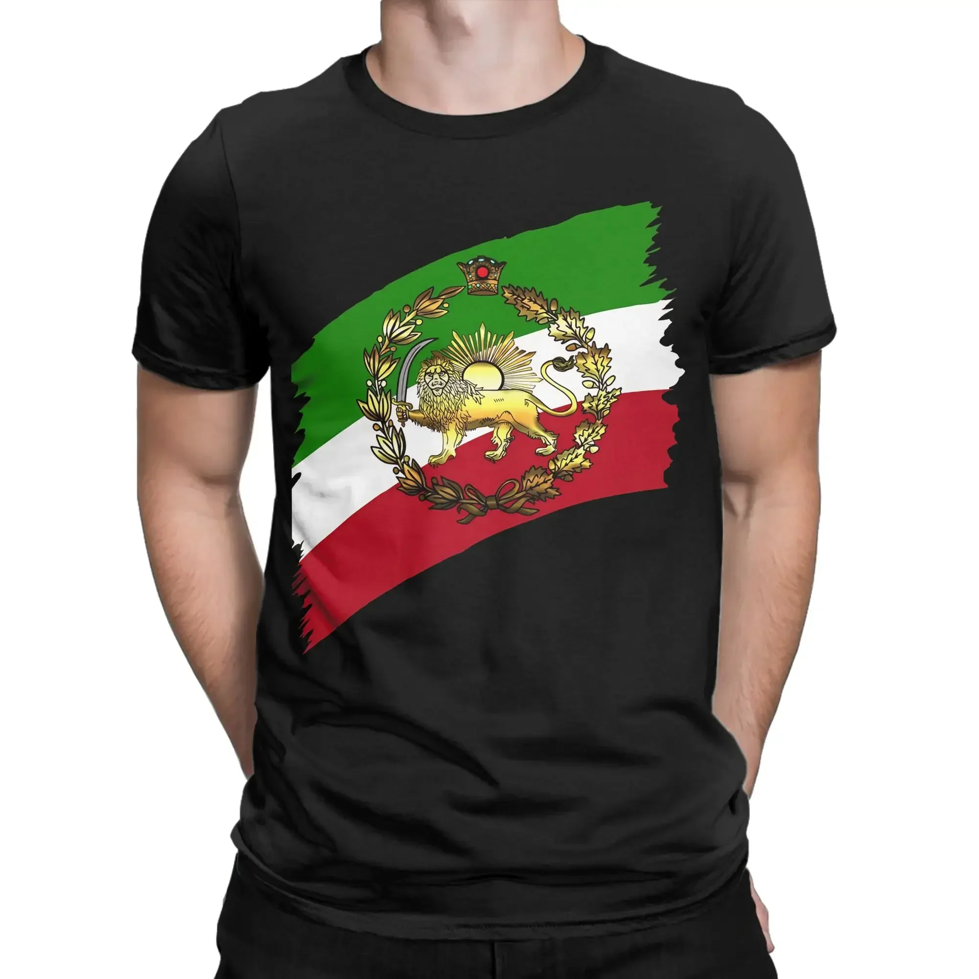 Iran Pahlavs flag with lion and crown Men T Shirts  Vintage Tee Shirt Short Sleeve O Neck T-Shirts Cotton 4XL 5XL 6XL Clothes