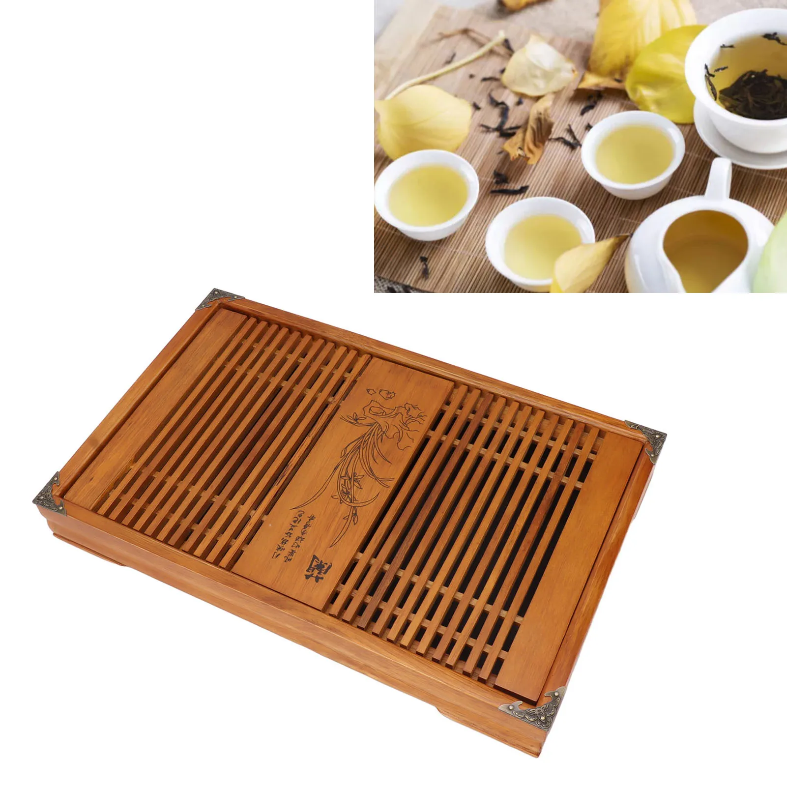 Chinese Natural Wood Tea Tray Drainage Water Storage Kung Fu Tea Set Simple Rectangular Tea Board Storage Tray with Drain Pipe