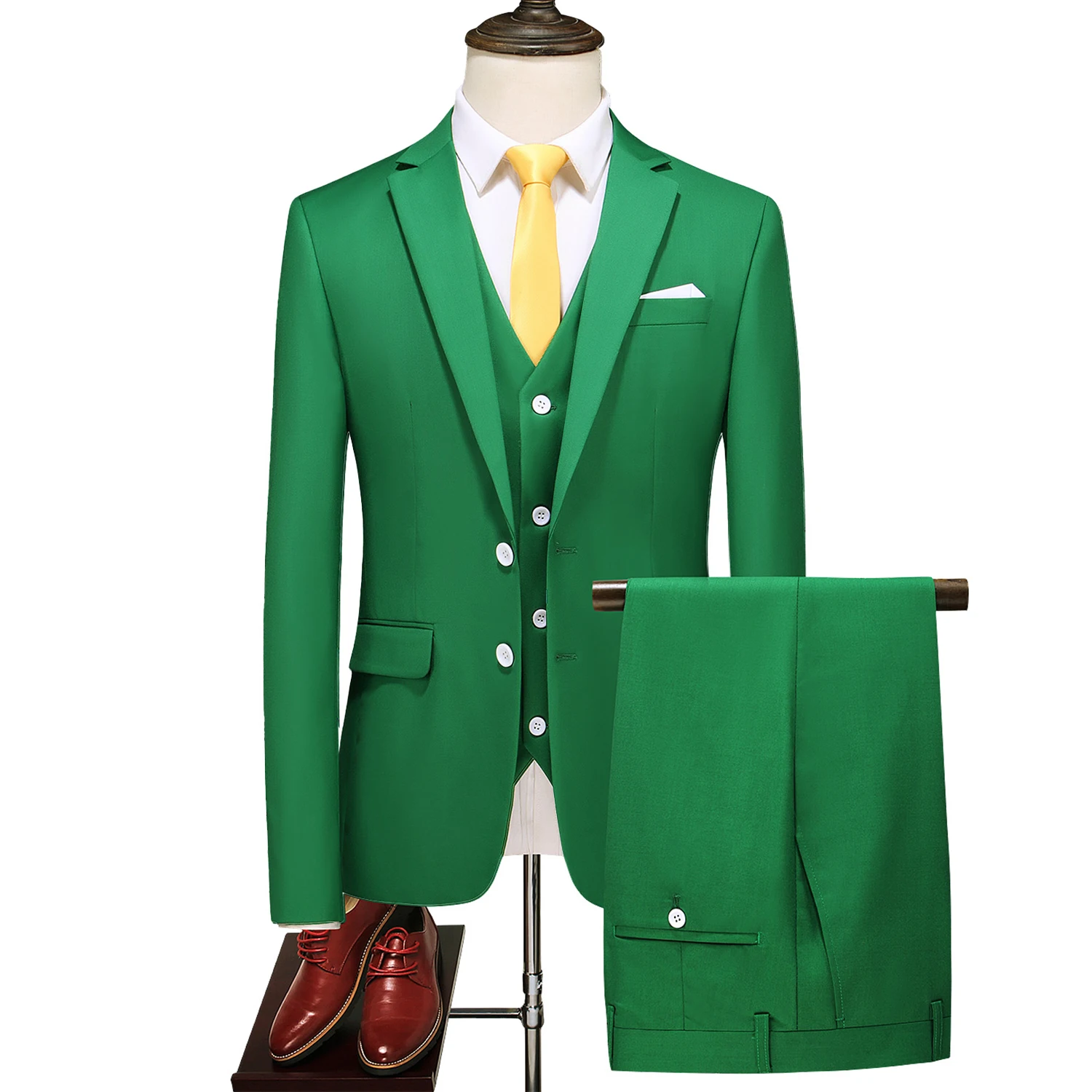 

Emerald Green Men's Three-Piece Suit: Business/Office, Wedding, or Party Attire. Jacket and Vest Paired with Trousers Asian Size