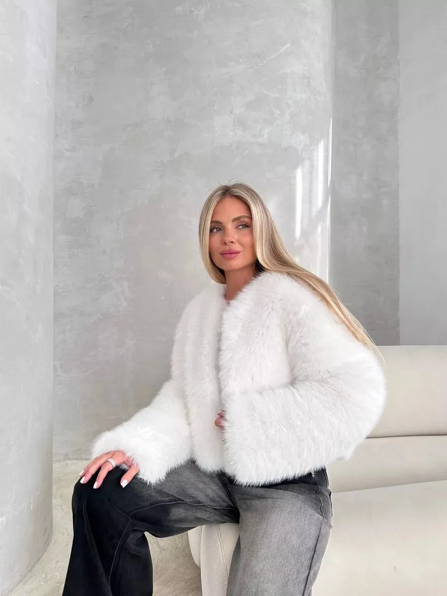 Women Faux Fur Coats Solid Short Jackets Long Sleeve Round Neck Open Stitch Thick Straight Fit Elegant Casual 2026 Autumn Winter