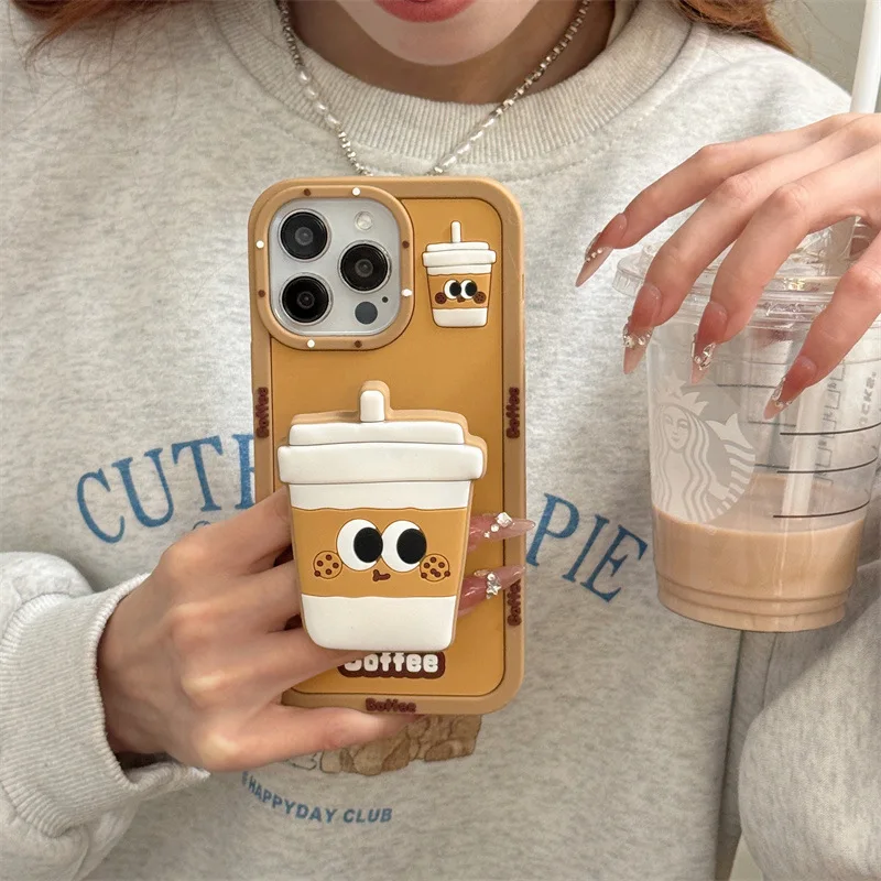 3D Cute Cartoon Bubble Milk Tea Bracket Soft Silicone Phone Case For iPhone 17 Air 16 15 14 13 12 Pro Max Plus Shockproof Cover view 3