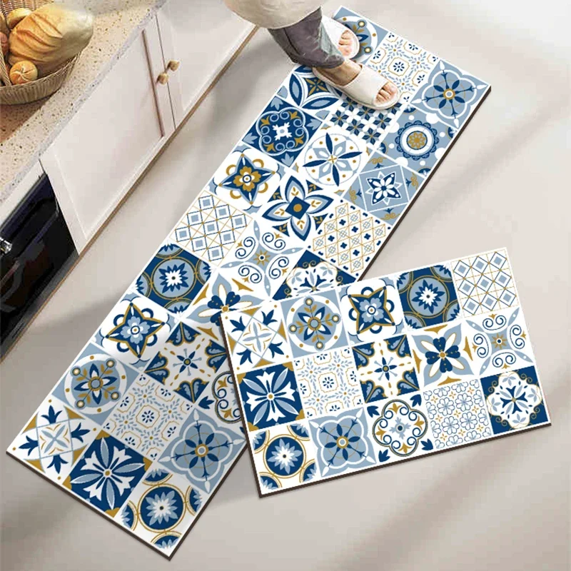 

Kitchen Tile Pattern Floor Mat, Home Decoration, Luxury Vintage Long Strip, Water-Absorbent Non-slip Rug, Soft Diatom Mud Mats