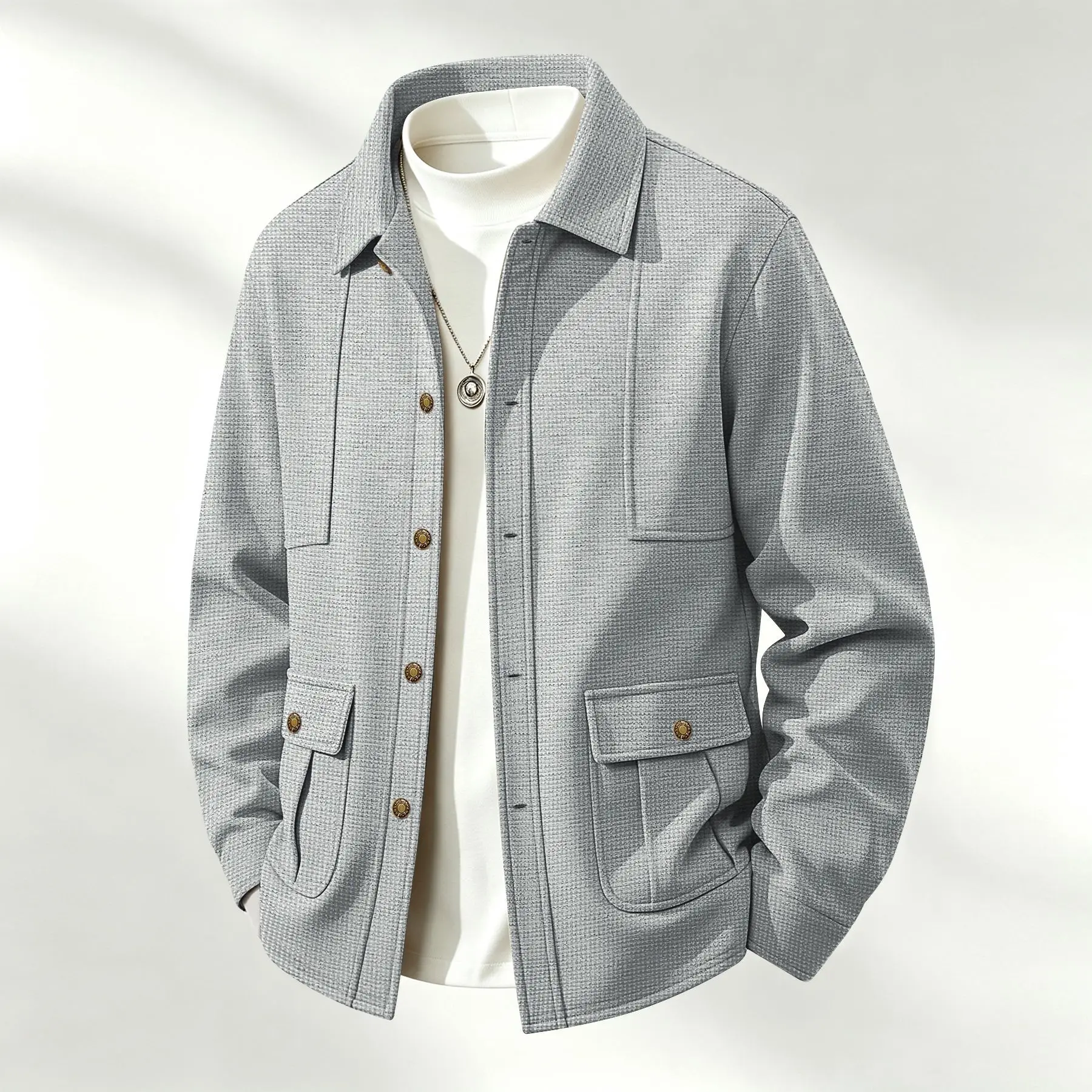 Euromaiden Spring Men's Waffle Collar Utility Jacket Retro Metal Buckle Multi-Pocket Loose Shirt Style Coat 1 Piece