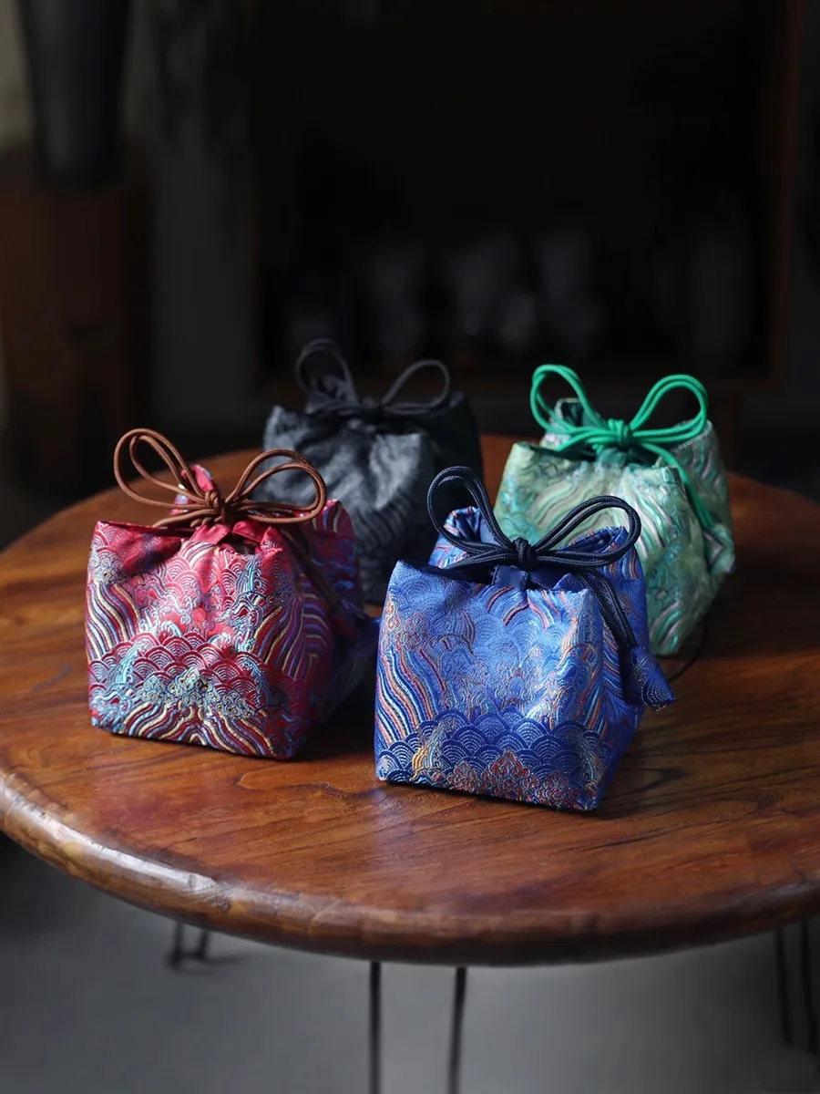 Brocade tea cup, tea set, cloth bag, cup bag, teapot bag, teapot storage, travel, one pot, four cups, large cloth bag 14X14X14CM