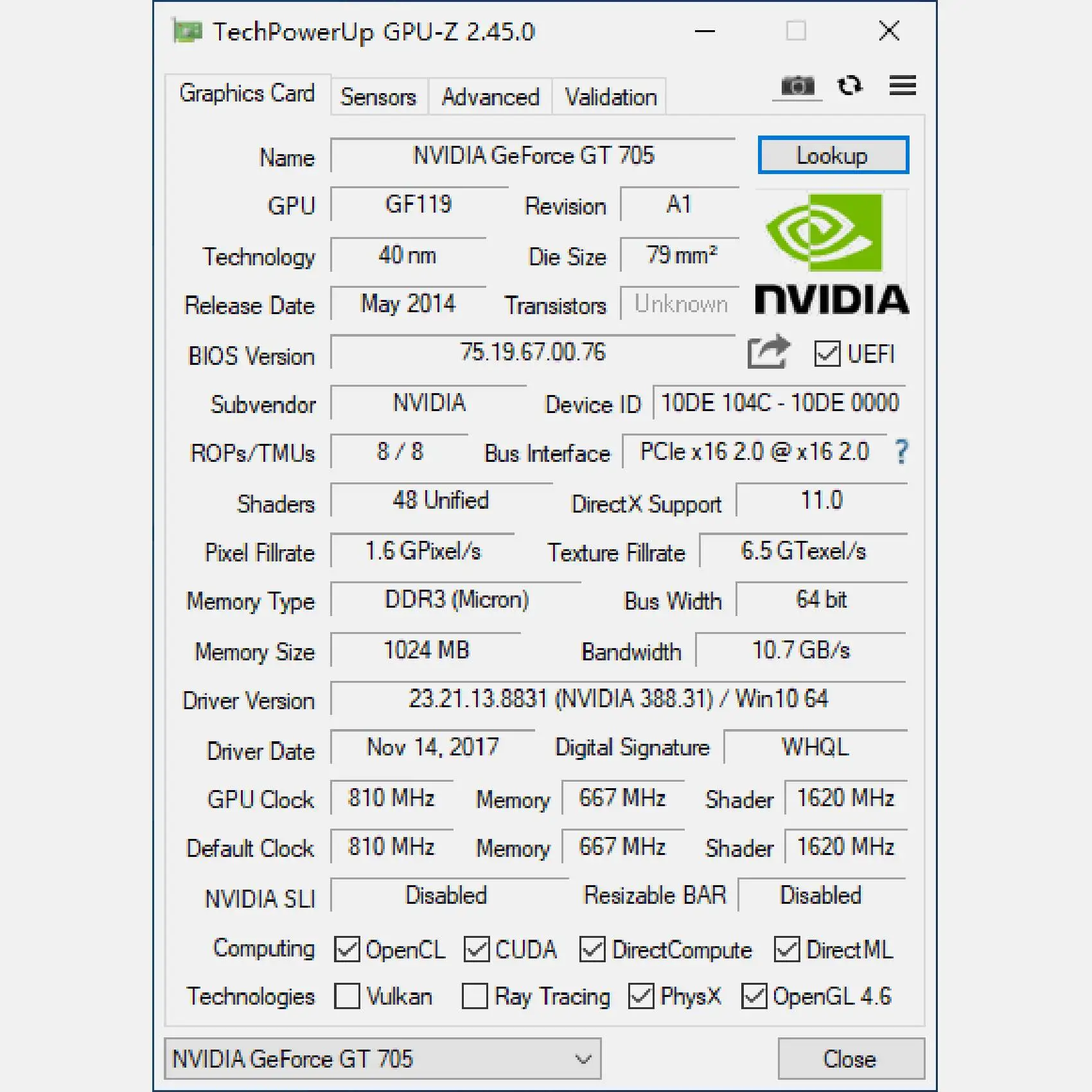 بطاقة رسومات GT705 سعة 1 جيجابايت GDDR3 64 بت 810 ميجا هرتز PCIE 2.0 - بطاقة فيديو VGA متوافقة مع اللوحة الأم الملونة ASUS-POS