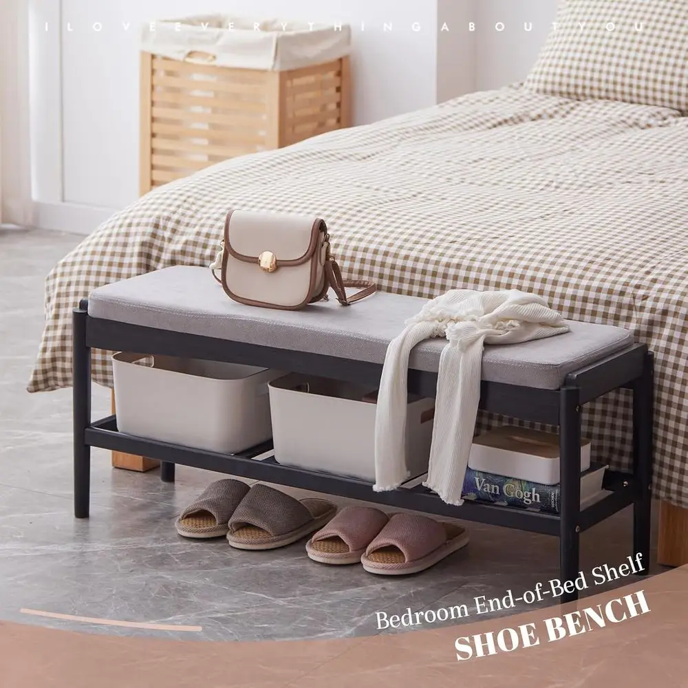 2-Tier Bamboo Shoe Rack with Cushioned Seat for Entryway, Hallway, Living Room, and Bedroom (Black-Gray, 39.4x11.4x16.5IN)