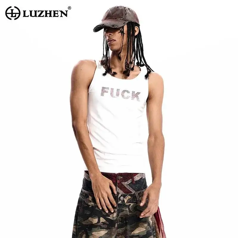 LUZHEN 2026 Summer Sequin Patchwork Letter Printed Pattern Sleeveless T-shirts Men's Fashion Handsome Casual Male Clothes JY7507