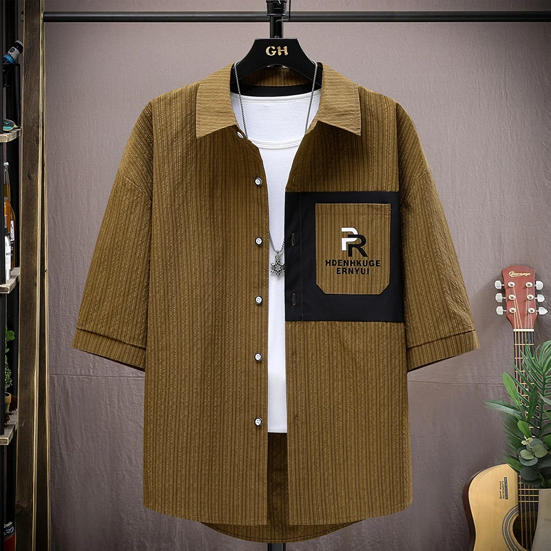 

Повседневная мужская рубашка свободного кроя, летняя тонкая рубашка с рукавами три четверти, отложным воротником, легкая универсальная верхняя одежда