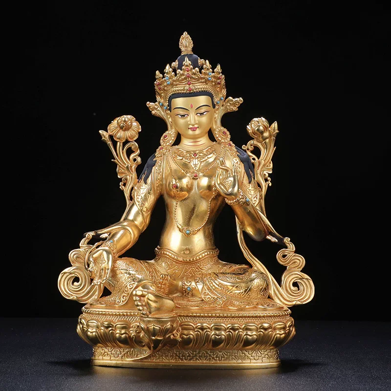 Green Tara Statue, Gilt Brass Tibetan Buddhist Bodhisattva Figurine, Syamatara Goddess of Compassion for Home Altar, Vajrayana S