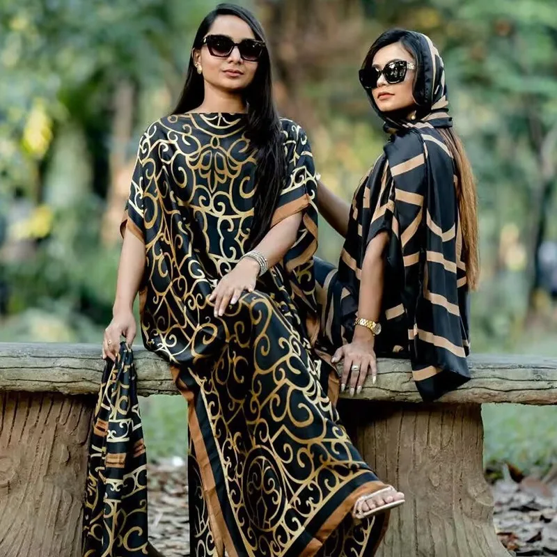 عبايات حريرية إسلامية للنساء 2025 موضة طباعة الإسلام تركيا رداء نسائي فضفاض أنيق فستان صيفي أفريقي مع الحجاب