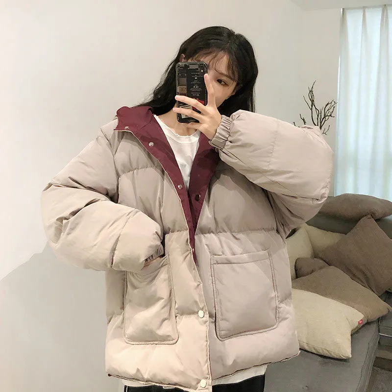 

GIDYQ Winter Two Sided Warm Coat Women Hong Kong Style Loose Students Cotton Padded Jackets Fashion Hooded Simple Bread Clothes