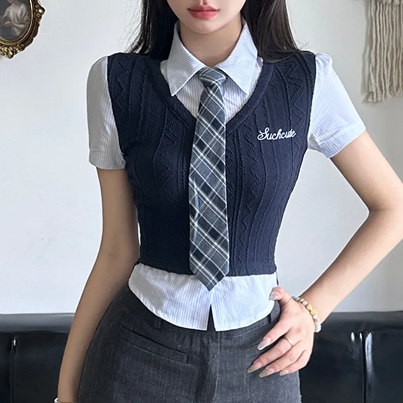 

British College Style Fake Two Pieces Short Sleeve Shirt2024New Summer ProductsPOLOCollar Contrast Color Tie Waist-Controlled To