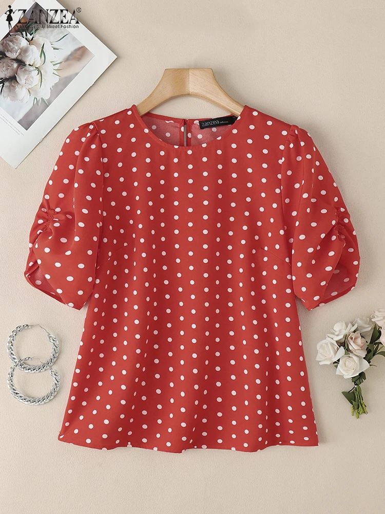 Blusas de lunares de verano para mujer ZANZEA, camisas elegantes de trabajo OL, Blusas informales con cuello redondo y manga abombada, Tops elegantes para vacaciones, Túnica para mujer