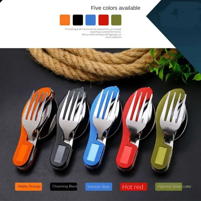 Tablespoon Set 4 In 1 Foldable Spoon Knife fork bottle opener Stainless Steel Folding Pocket Kits Outdoor Tableware Set