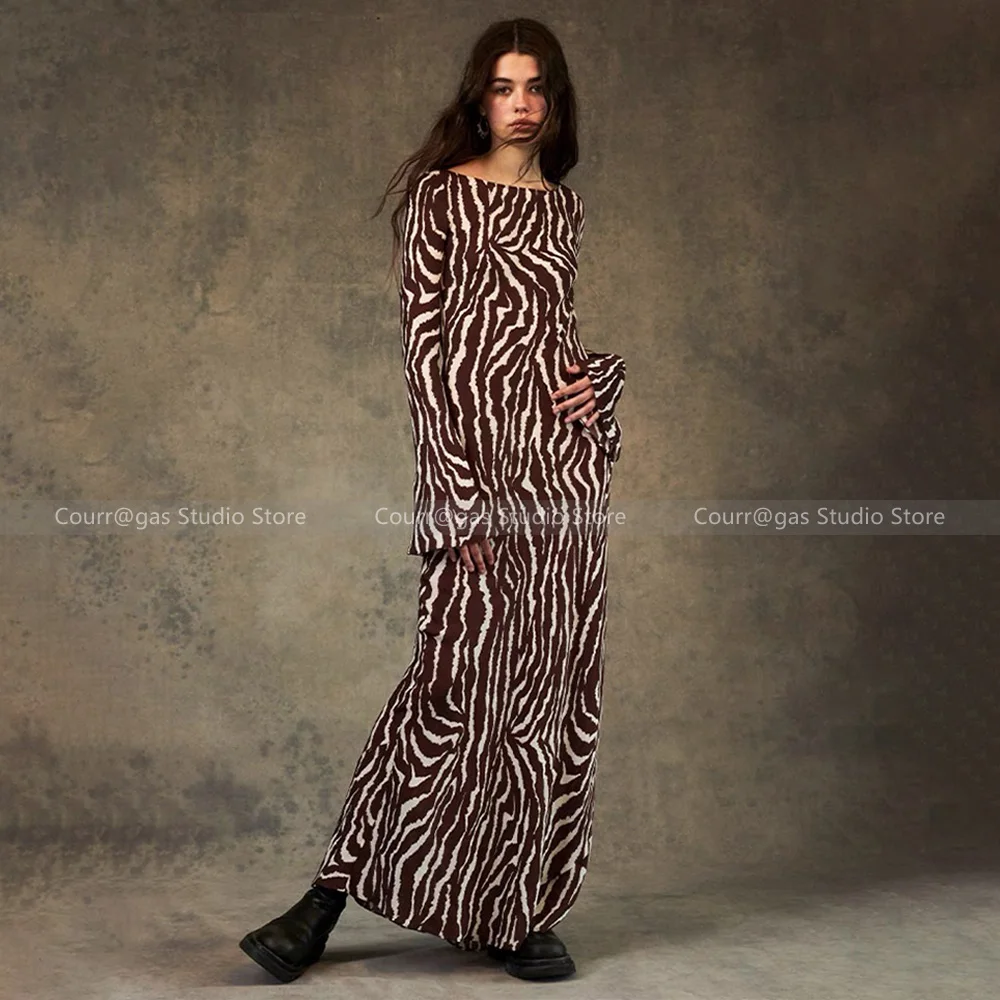 

Vintage zebra print diagonal cut silk printed long-sleeved Slim thin temperament long dress female