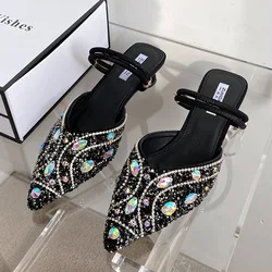 Pantofole di strass di lusso da donna sandali Slingback moda femminile infradito con tacco basso décolleté con punta a punta lucida scarpe da donna mulo