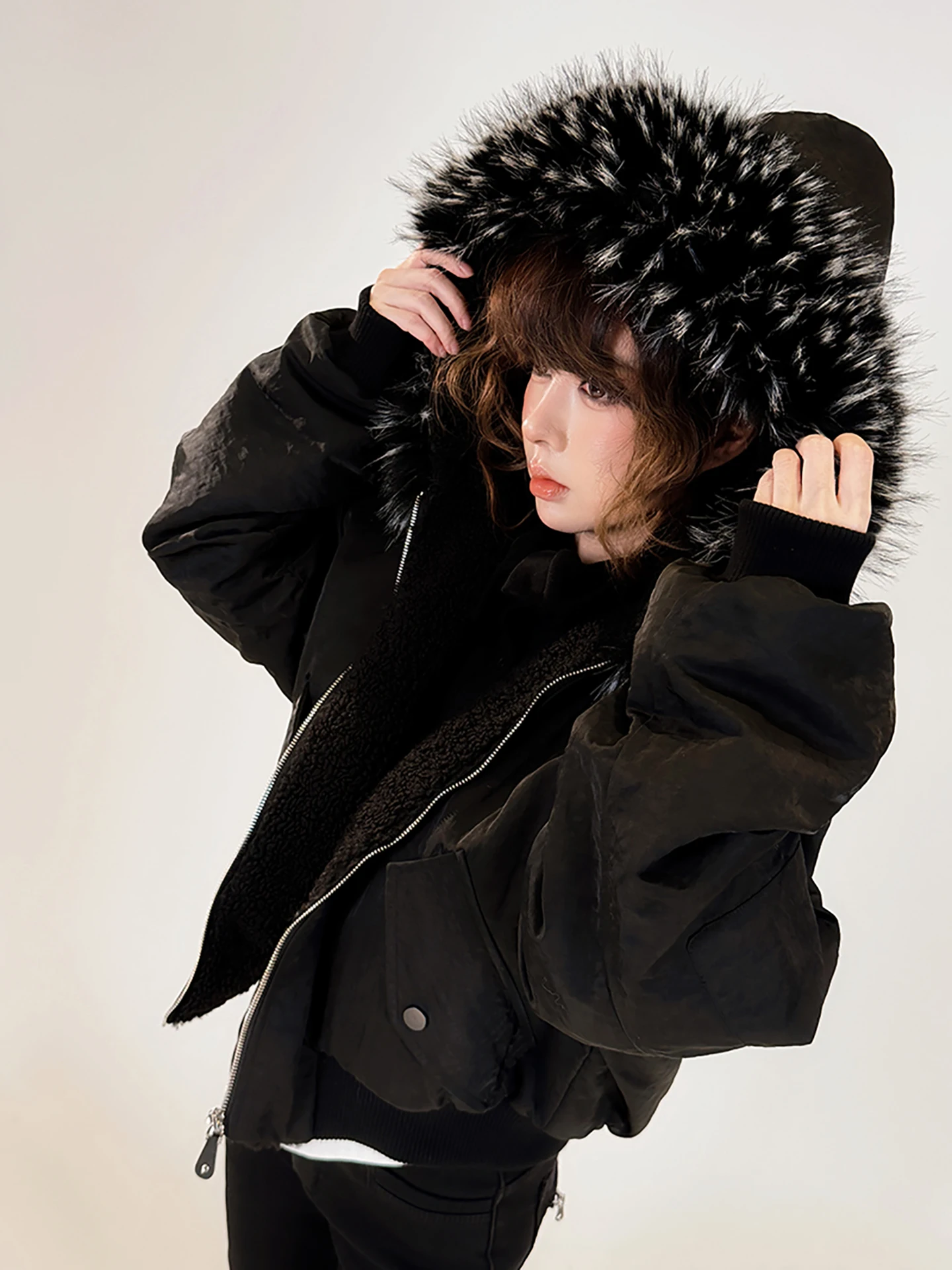 

Meysikim Women's Thiened down Cotton Jaet Winter Coat Hooded Fur Collar Commute Sle ort Length Zipper Closure Pure Color