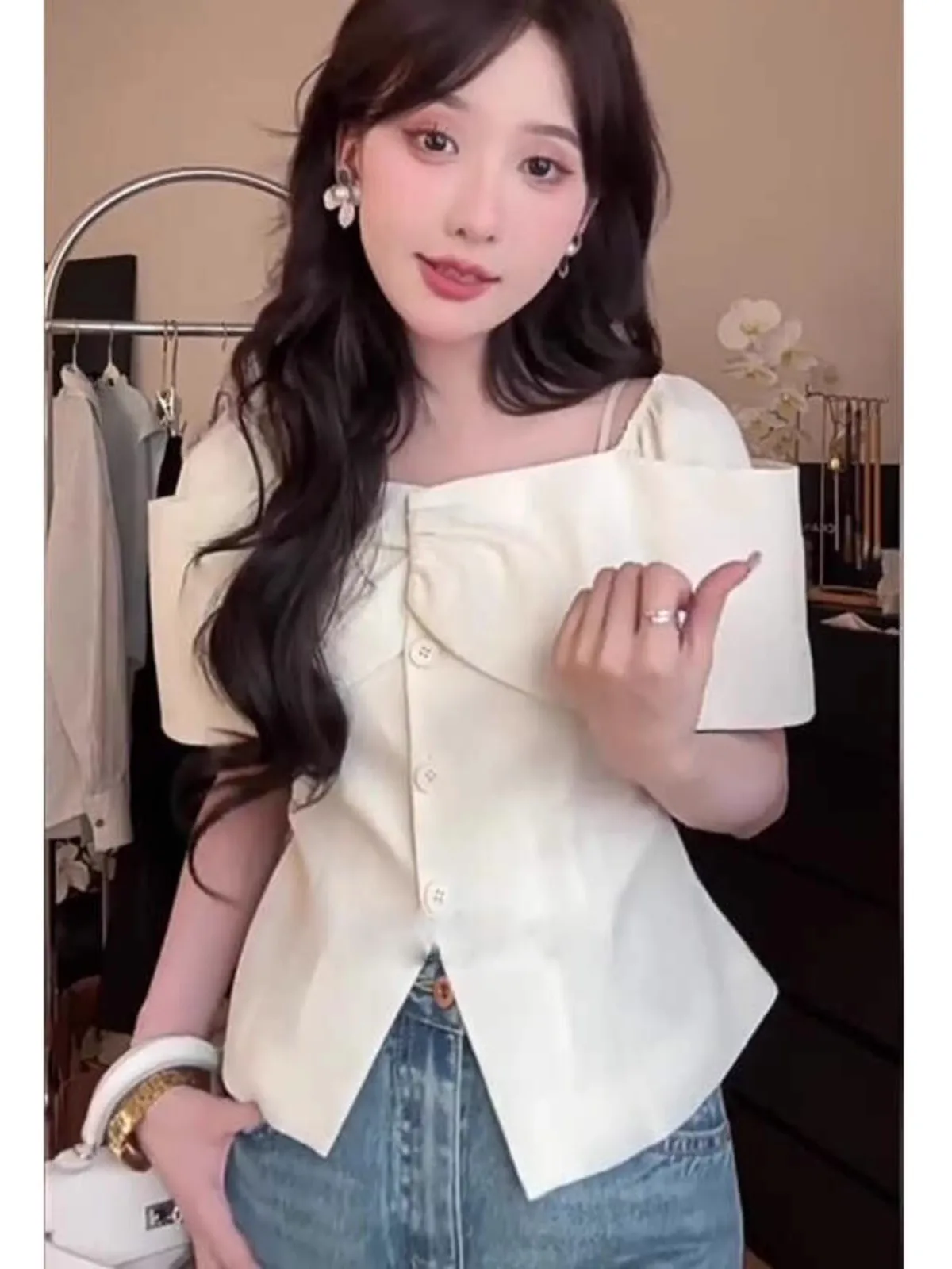 

Корейский Sle Faionable Bubble Sve, женский топ на одно плечо, лето 2023, новый модный топ Sli с застежкой на талии