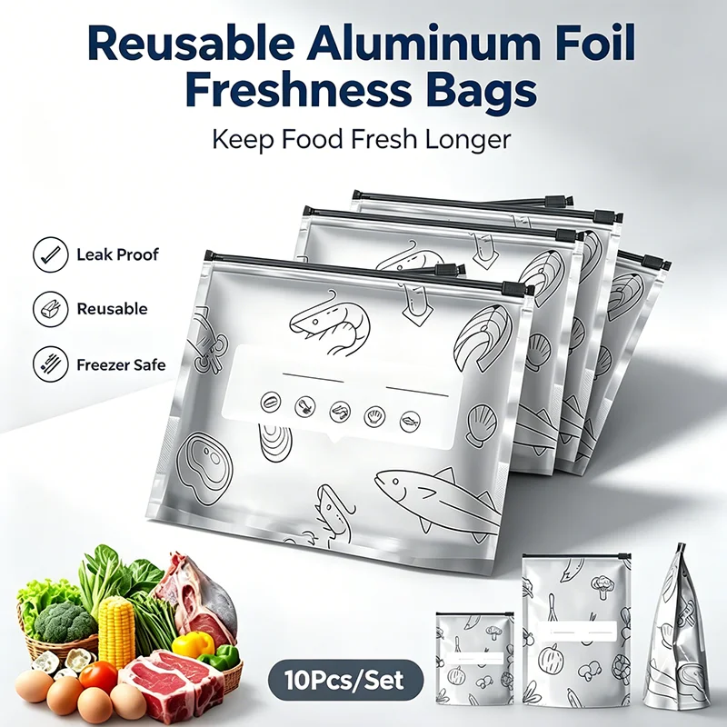 Reusable Zip Bag - 10 ピース/セットアルミ箔鮮度保持袋密封抗菌冷蔵庫食品冷凍保存袋ジッパーシール