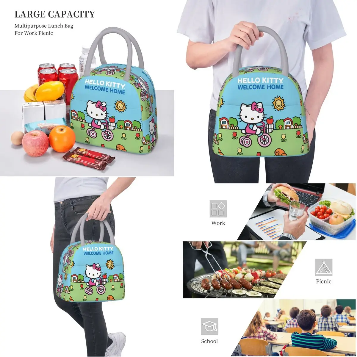 Bolsa de almuerzo con aislamiento térmico de Hello Kitty para viajes, caja Bento de gran capacidad, fiambreras térmicas