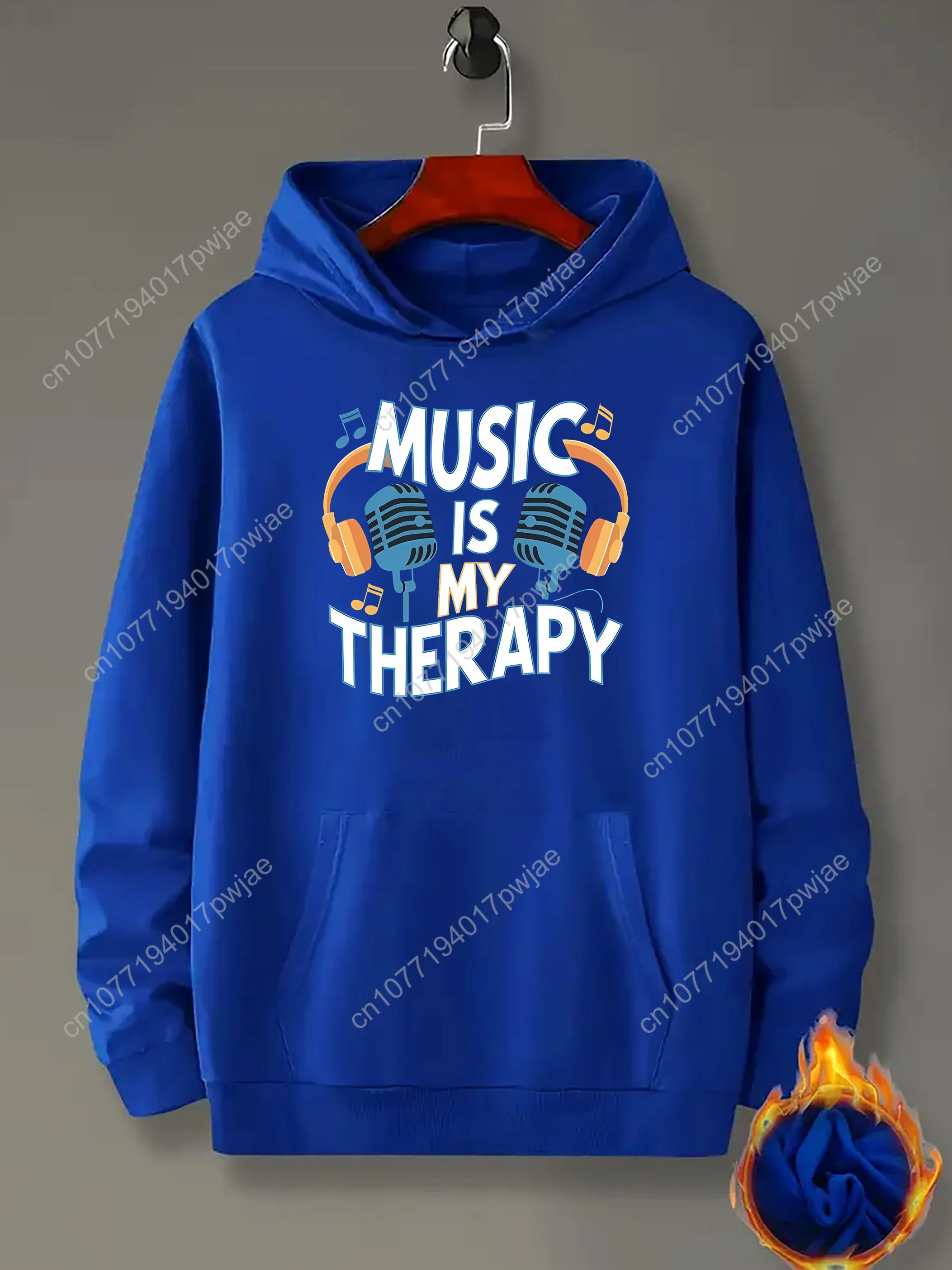 Polyester casual losse pasvorm muziek is mijn therapie hoodie voor heren met kangoeroezak, alfabetprintontwerp, gebreide stof voor het hele seizoen
