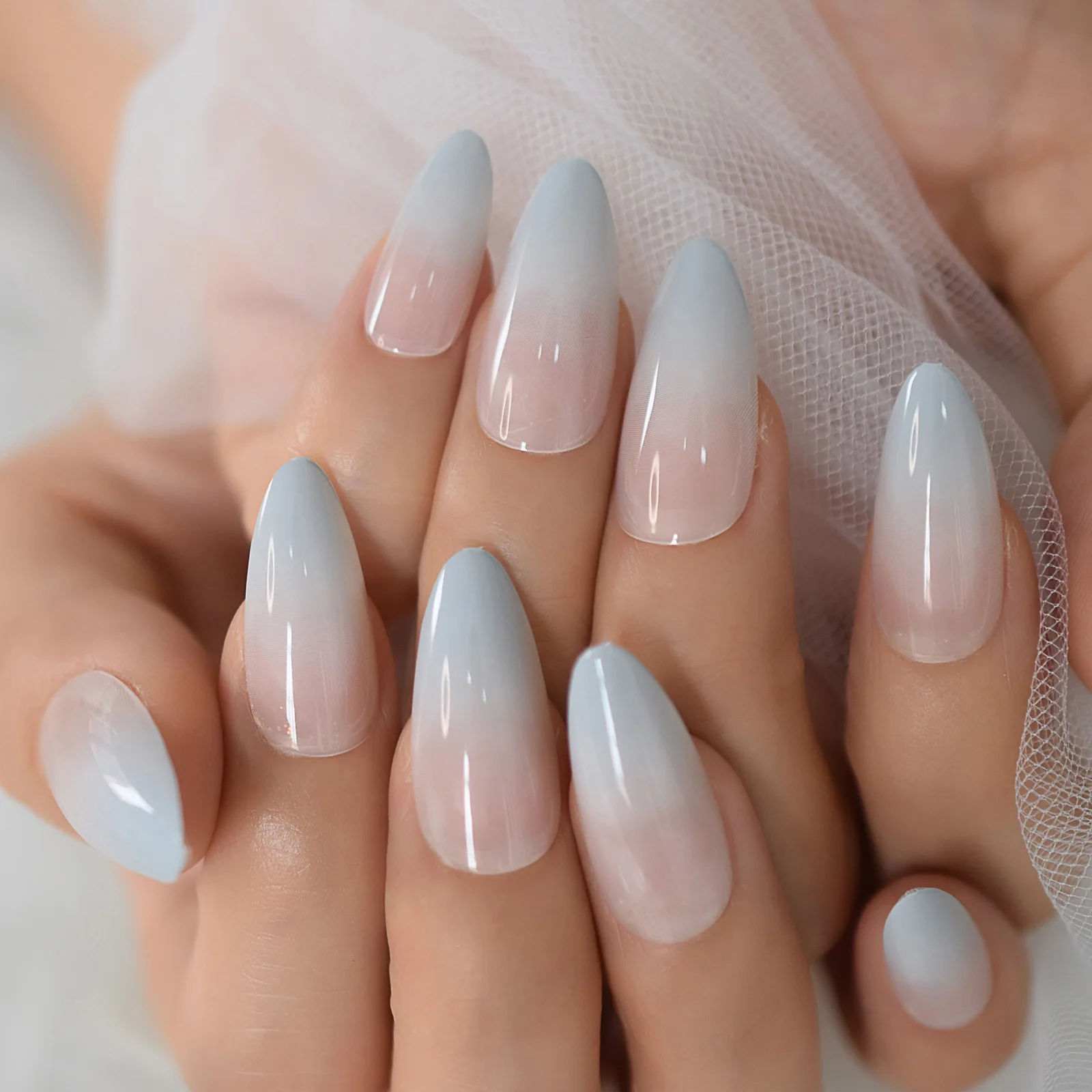 Macio azul nu ombre unhas falsas em forma de amêndoa dicas de unhas artificiais com fita de cola imprensa no prego unhas falsas conjunto arte do prego