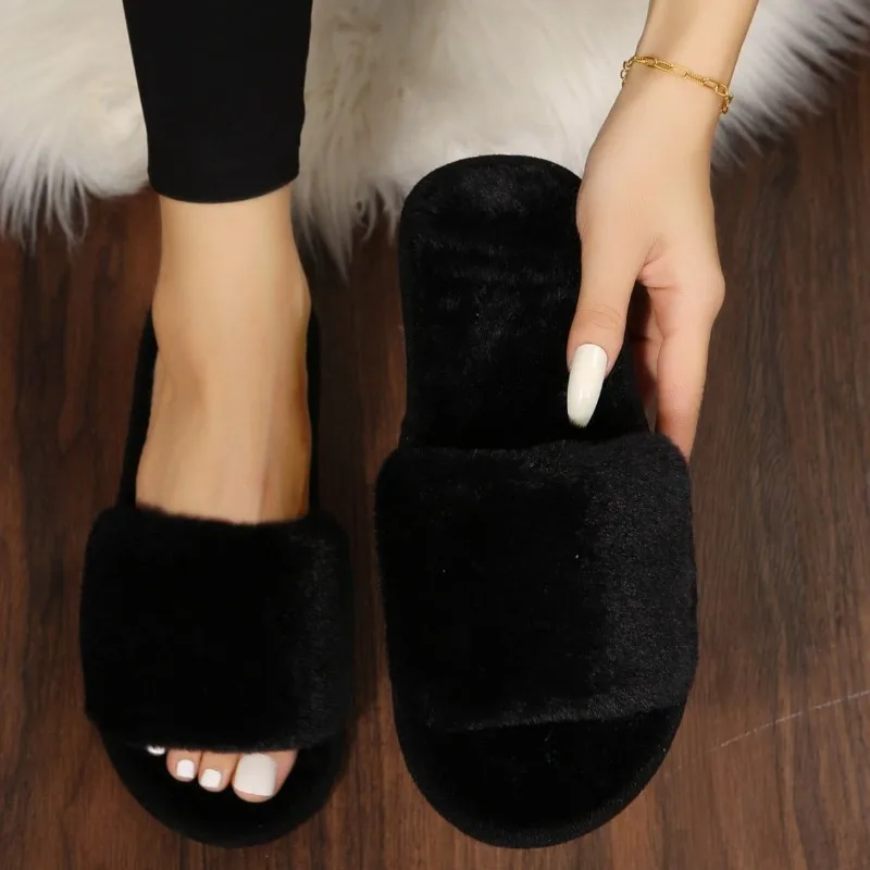 Hairy slippers for women's autumn and winter new style indoor lazy one line plush flat cotton slippers for home use