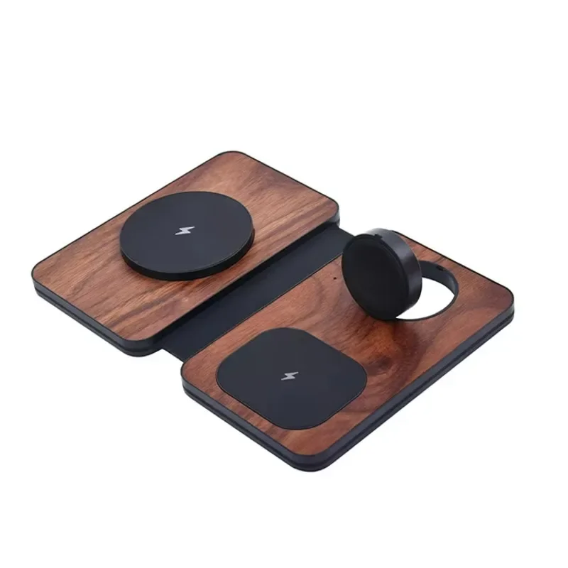 Walnut Wood Portable Desktop Mobile Phone Wireless Charger Station 3 In1 Folding Magnetic Foldable 10W 15W Wireless Charger