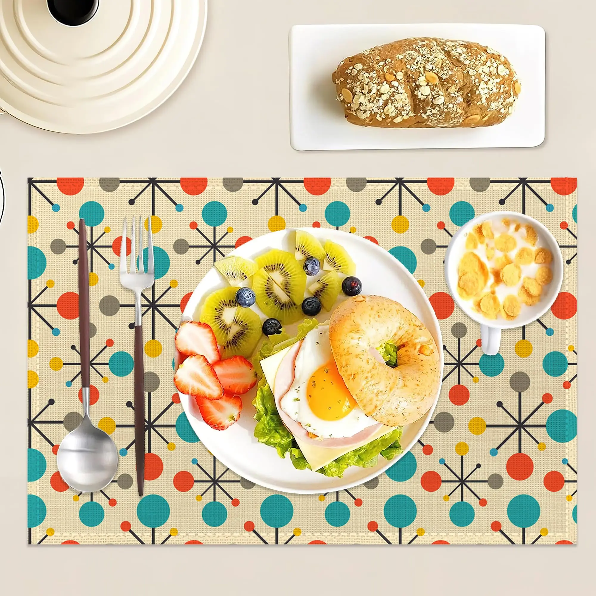 1pcs Washable Mid Century Modern Atomic Retro Print Placemats Non-Slip Heat-Resistant Decorative GeometricLinen Table Mats