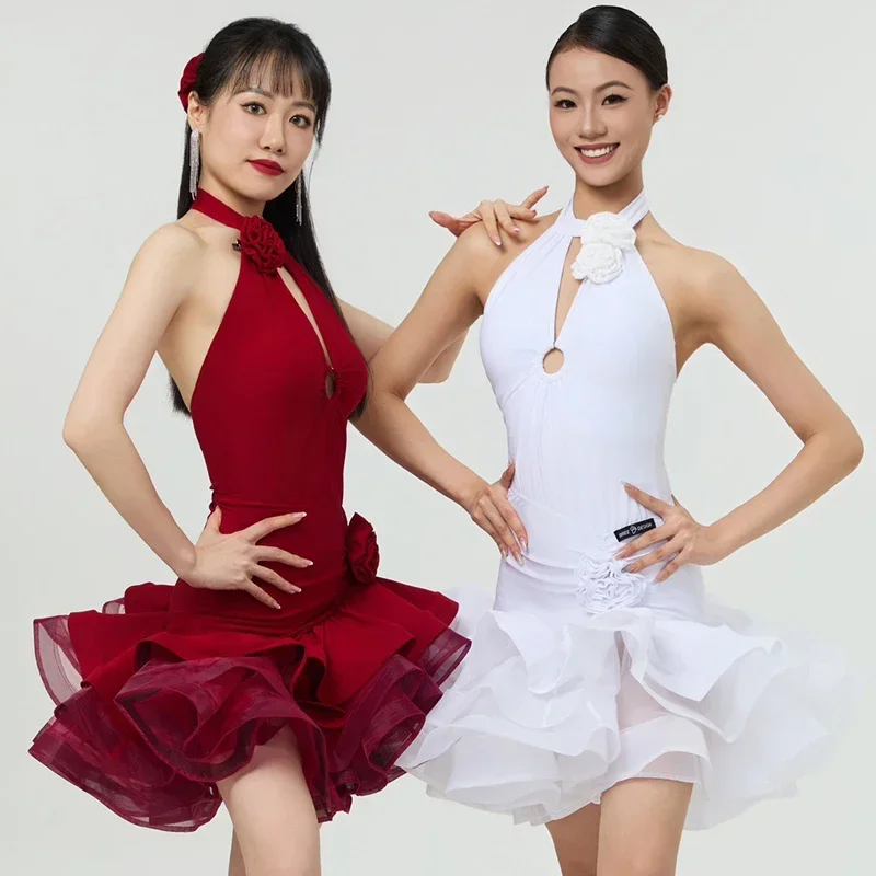 

Latin Dance Costume Women Red White Dresses Tops Multi Layers Fishbone Skirt Adult Rumba Cha Cha Performance Clothing DNV20972