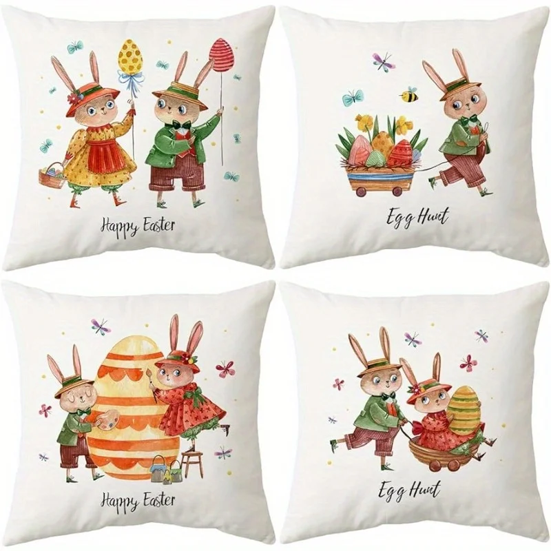 

4pcs Decorative Throw Pillow Cover Easter 18X18 Inch Easter Bunny Eggs Cushion Case Spring Cute Easter Rabbit Square Pillowcase