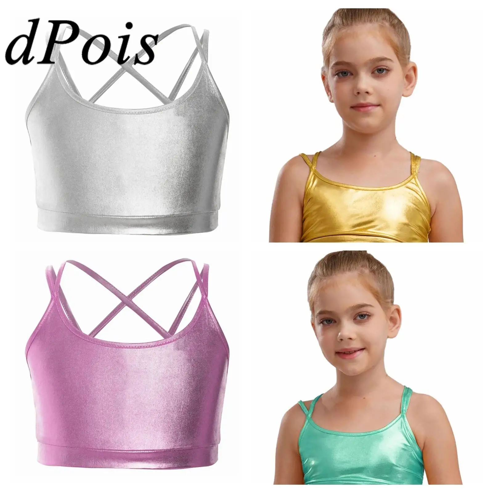 Haut court pour filles, Streetwear brillant, Camisole métallique à bretelles, haut court de danse pour enfants, vêtements de spectacle de danse Jazz