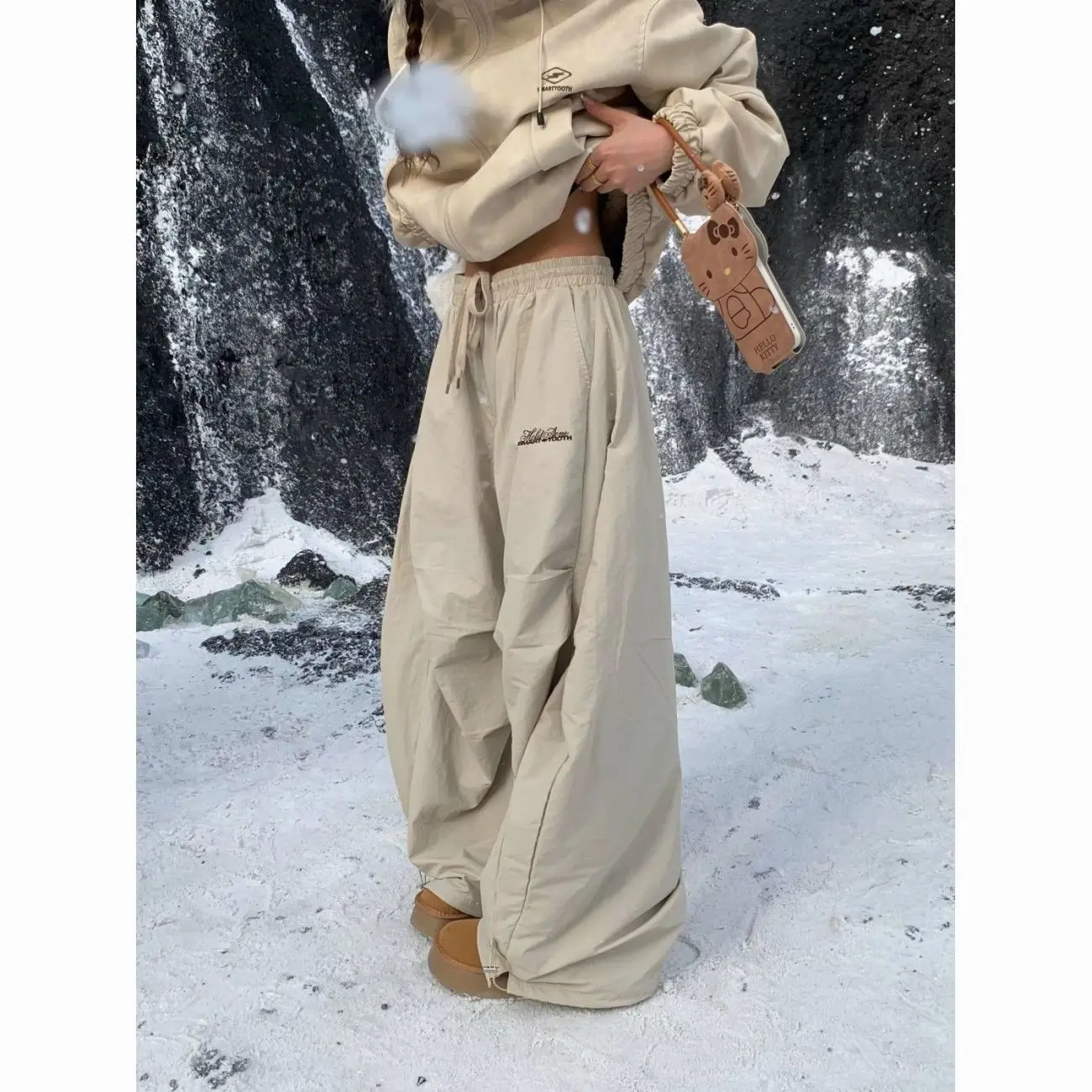 Hip Hop Winter Pants For Women Warm Thicken Baggy Wide Leg Beige Snow Pants Oversized Y2K Suede Harajuku Sweatpants Trousers