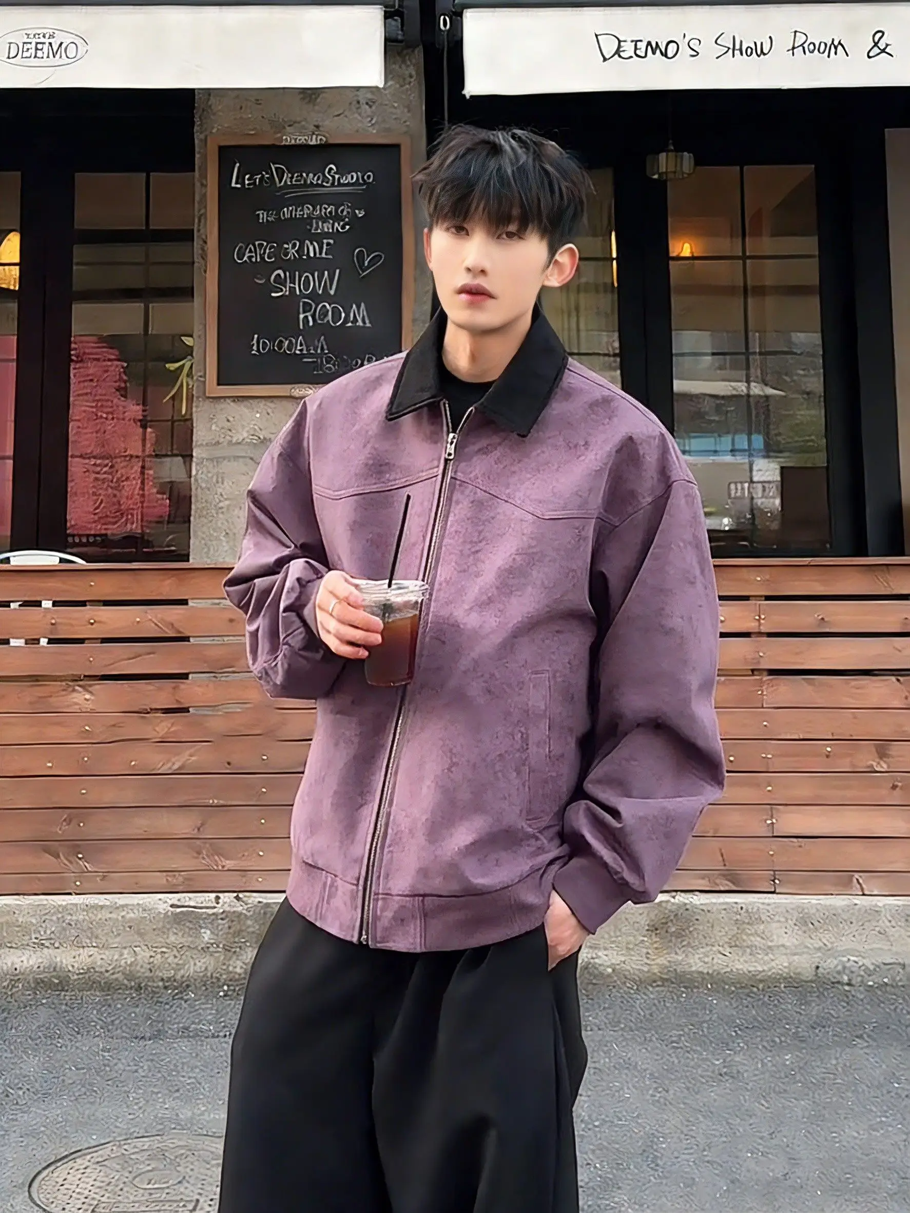 

Мужская куртка из искусственной кожи фиолетового цвета с бейсбольным воротником, весенне-осенняя, свободного кроя, с декоративной строчкой, молодежный тренд