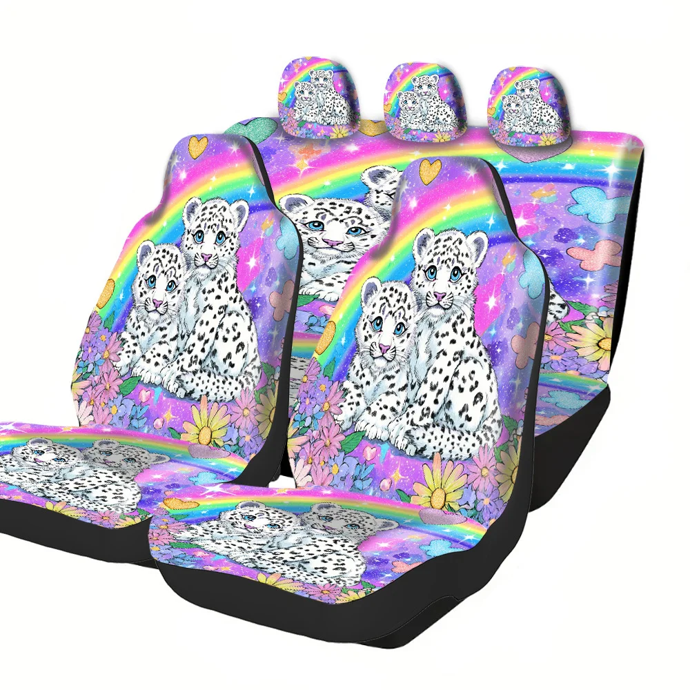 2-5 Seat Set Car Seat Covers, Unique Snow Leopard Rainbow Print, Durable Polyester Fabric, Universal Fit For Truck SUV Off-Road