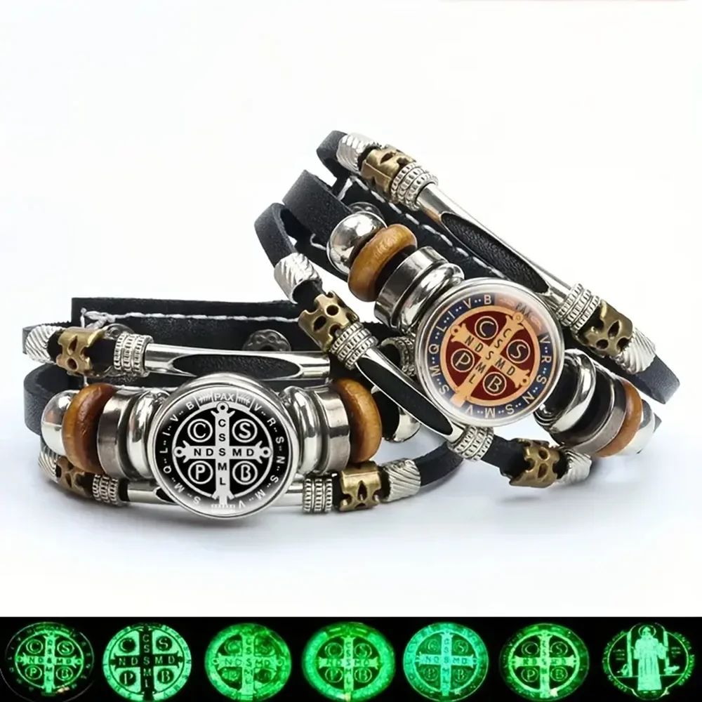 Luminous Saint Benedict Medallion Multilayer Leather Bracelets San Benito Domed Glass Adjustable Snap Button Bangle