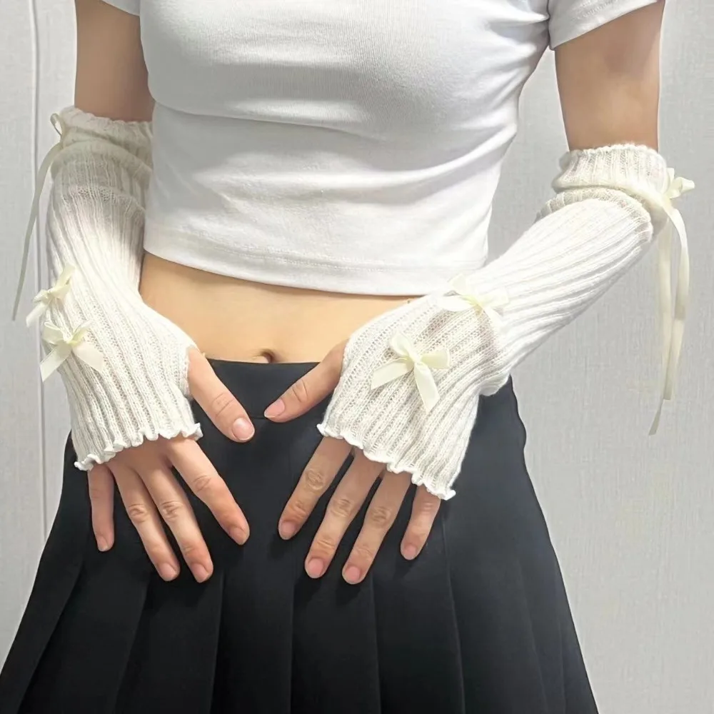 ใหม่ Thicken แขนแขนสีทึบ Bowknot แขนอุ่นนุ่ม Y2K ถักถุงมือหญิง