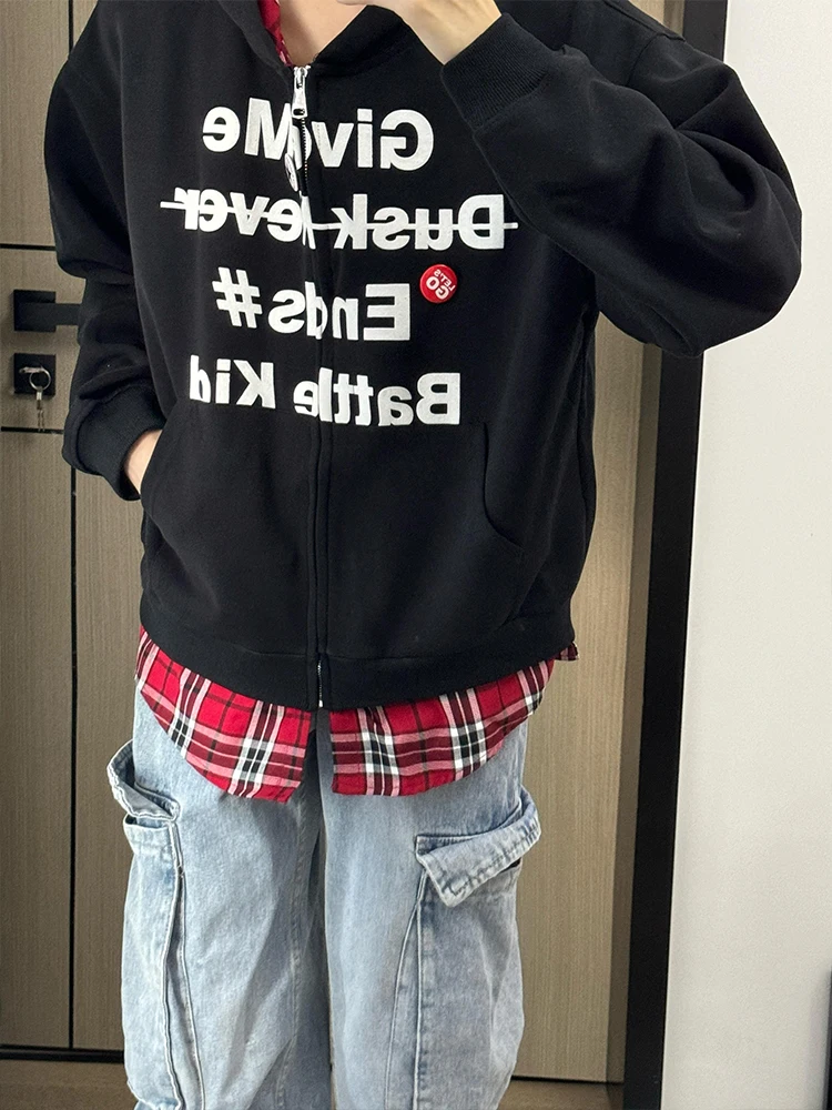 

Loose Men's Hoodie Jaet Spring Autumn Plaid Open Cardigan Outerwear Casual Trendy Brand Youth Cotton Polyester Blend