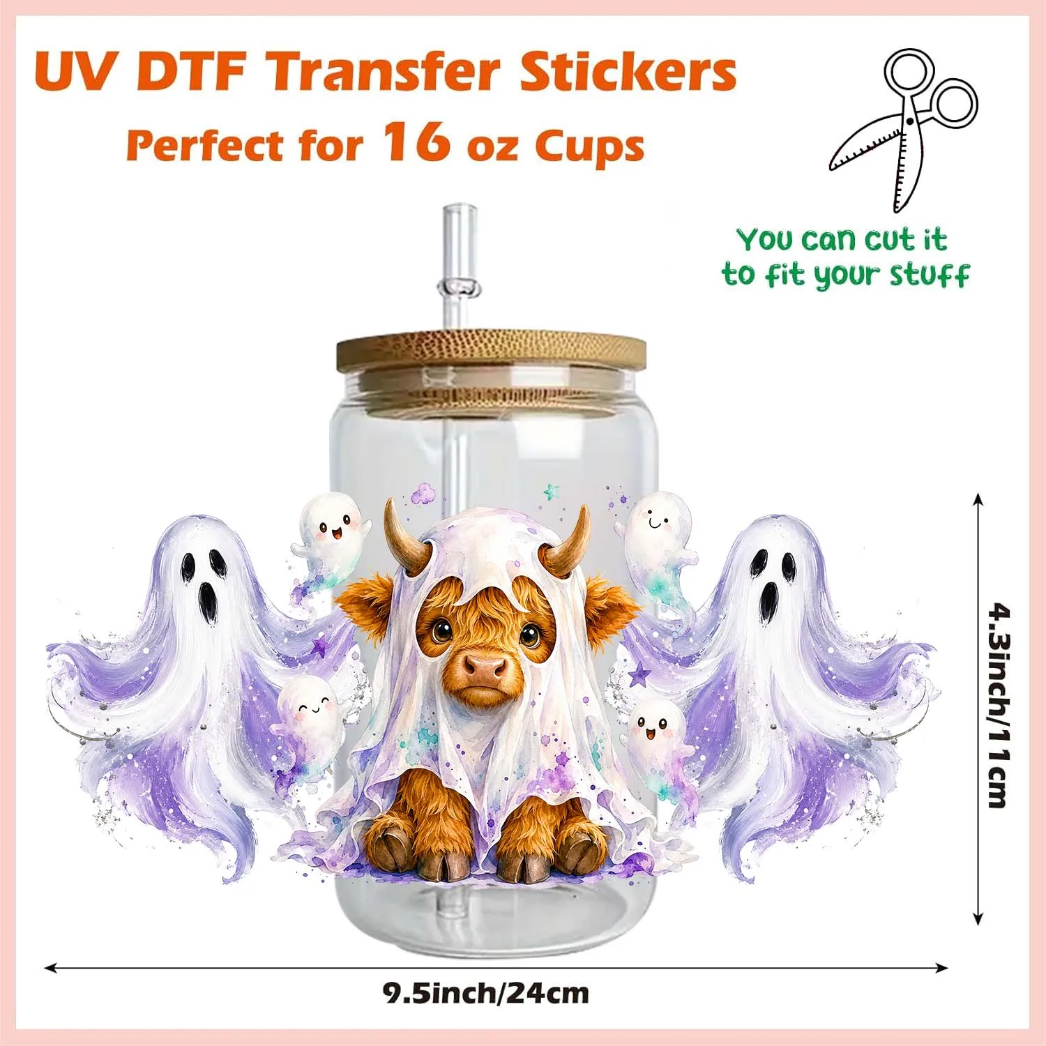 Happy Halloween Vibe Cartoon UV DTF Transfer Sticker Waterproof DIY Decals 3D Transfers UVDTF Sticker 16oz UV DTF Cup Wraps