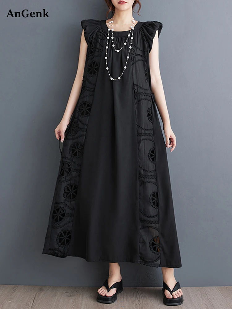 

Black Vintage Embroidery Hollow Out Dresses For Women 2024 Summer New Sleeveless Loose Casual Long Dress Fashion Elegant Clothes