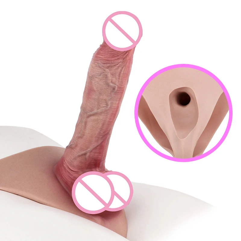 20.6*4.4cm Long Penis Stretchy Silicone Hollow Dildo Panties Dick Enlarger Sleeves Women Masturbator Transgender Custume Sex Toy