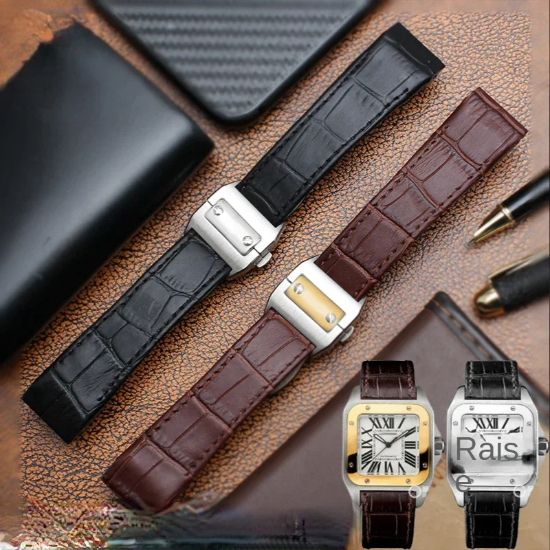 For Cartier Sandoz Santos 100Genuine Leather Watch Strap Waterproof Sweat-Proof Men Women Santos Glue Head Pieces Watchband23mm